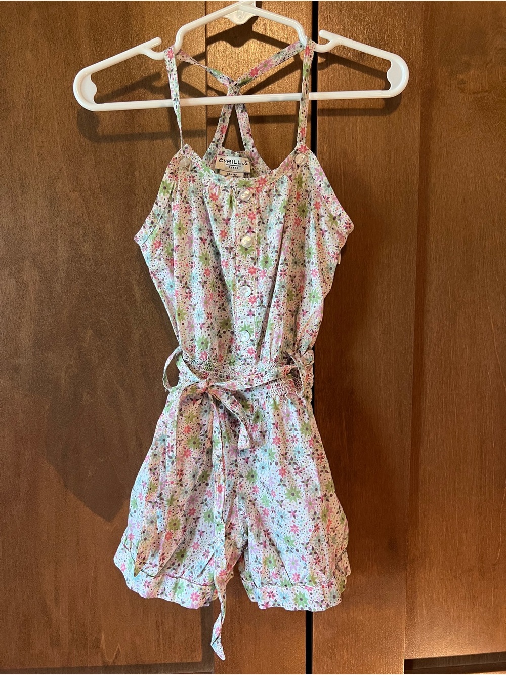 Cyrillus Floral Pink & Green Girls' Sleeveless Romper with Tie Belt